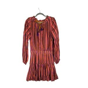 Oliphant Ruffle Neck Smocked Waist Long Sleeve Mini Dress Pink Geometric Large